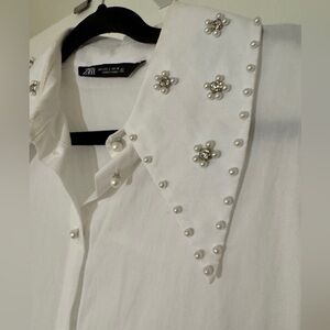 Zara White Shirt with Pearl Embellishments